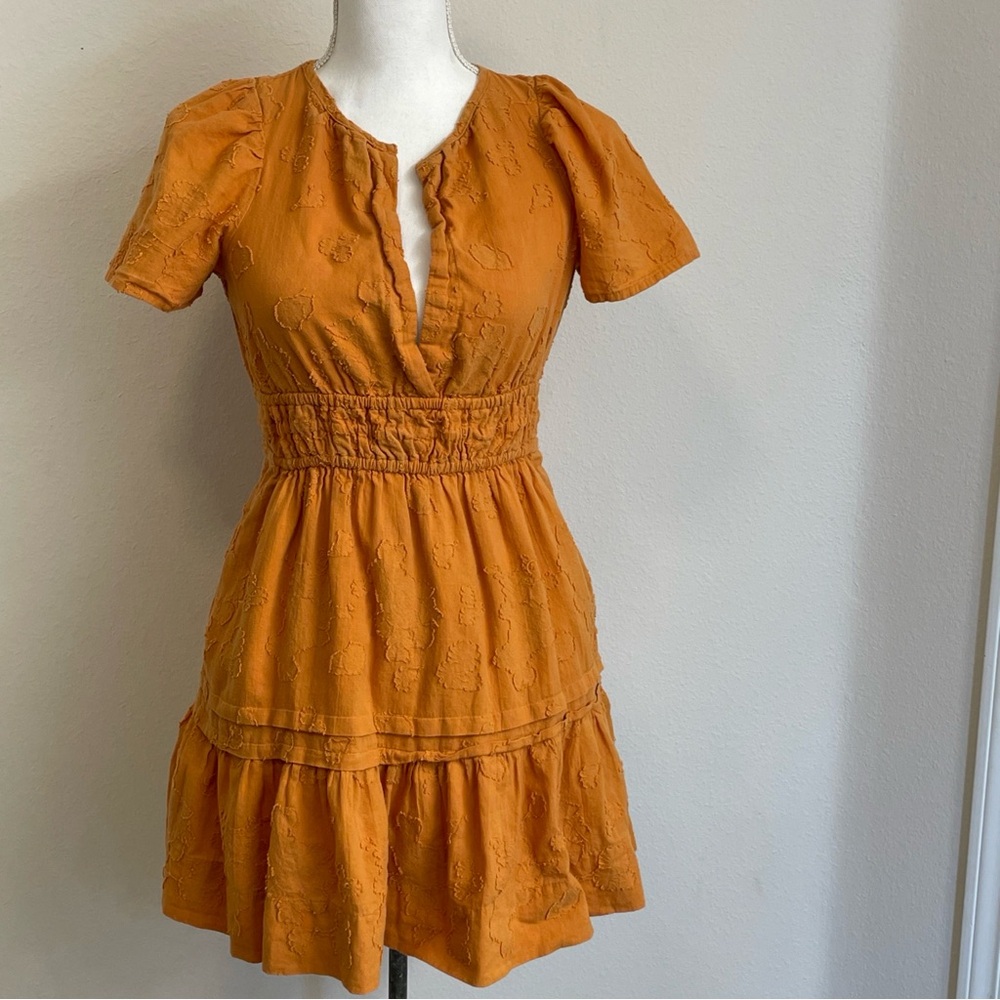 Anthropologie The Somerset Textured Mini Dress Size XS Petite Gold Babydoll Y2K